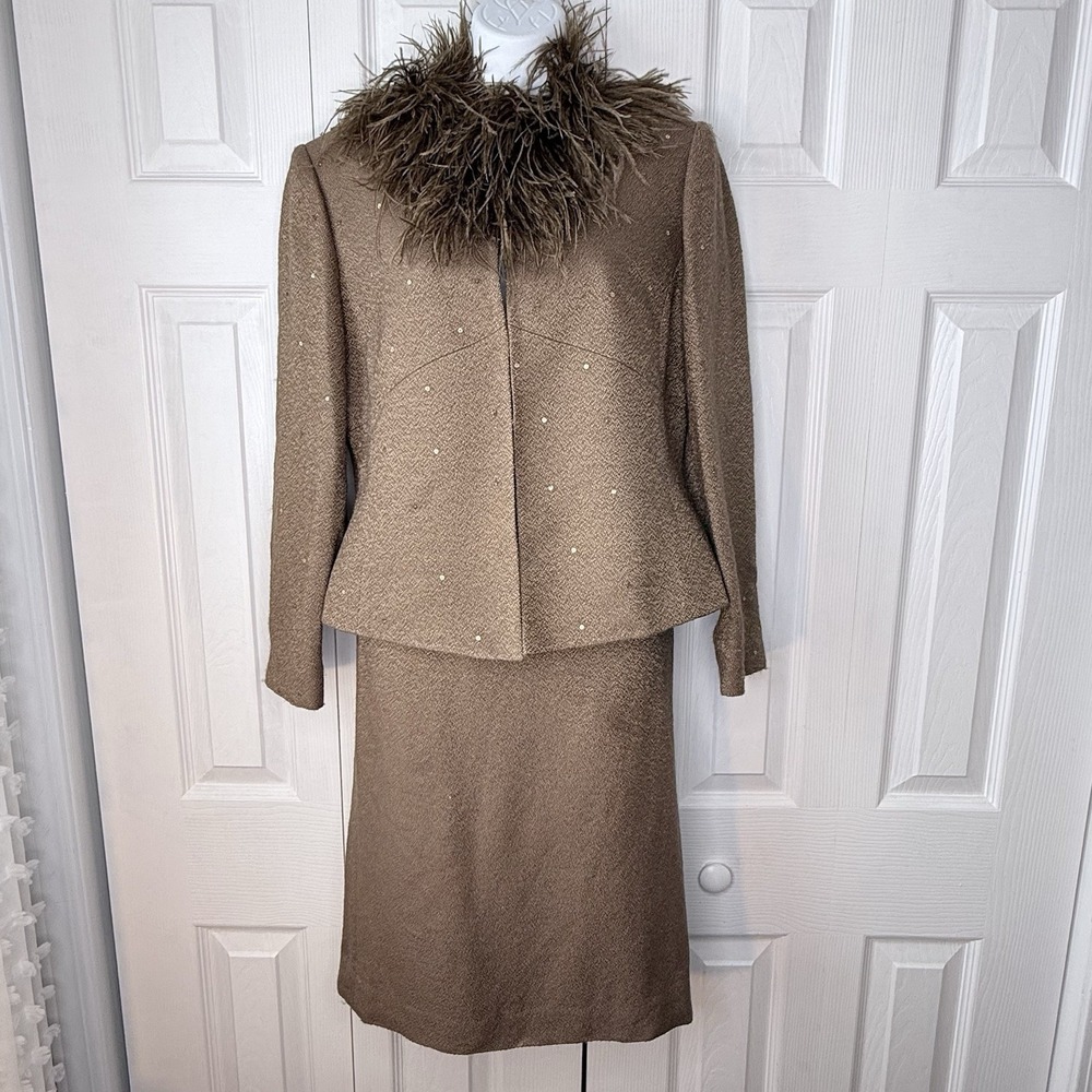 Albert Nipon Jacket Women Size 10P Brown Open Front Wild Artsy Fringe Ostrich - Picture 1 of 14